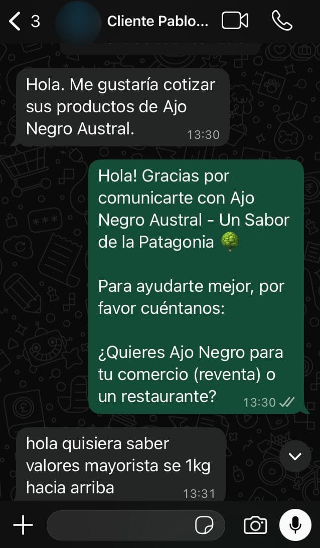 Conversación real de WhatsApp: cliente pidiendo valores mayoristas de 1 kg hacia arriba